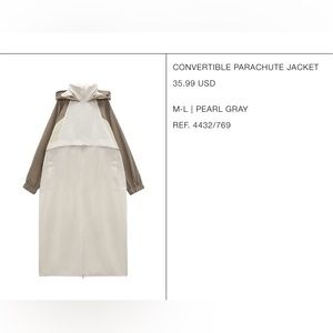 Zara Convertible Parachute Jacket 4432/769  Size M-L  Pearl Gray